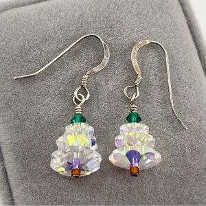 925 Sterling Silver Unsigned Glass Crystal AB Christmas Tree Dangle Earrings